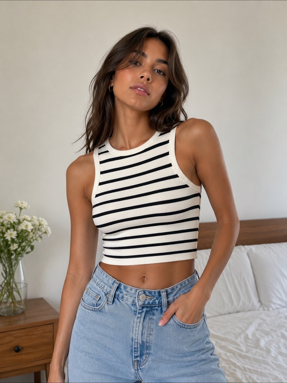 H&M Sleeveless Black & White Striped Crop Tank Top